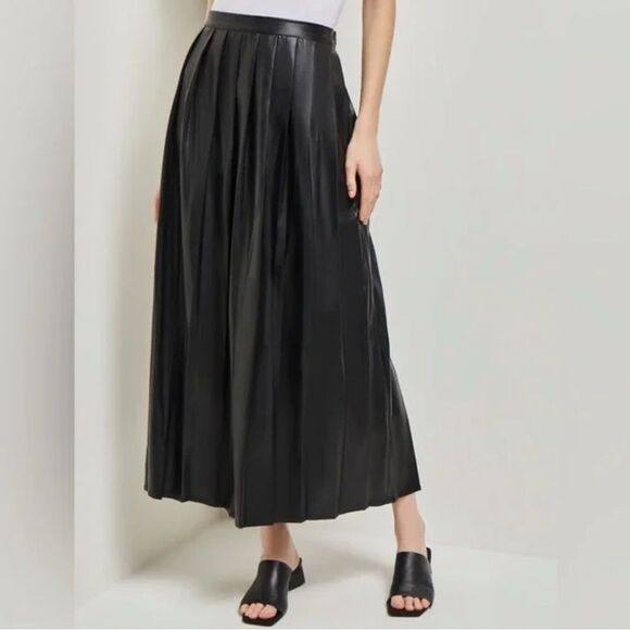 Misook Vegan Leather Black Pleated Midi Skirt Large NEW MSRP $358 - Picture 1 of 6